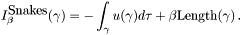 \[ I_\beta^{\textrm{Snakes}}(\gamma) = - \int_\gamma u(\gamma) d \tau + \beta \textrm{Length}(\gamma)\,. \]